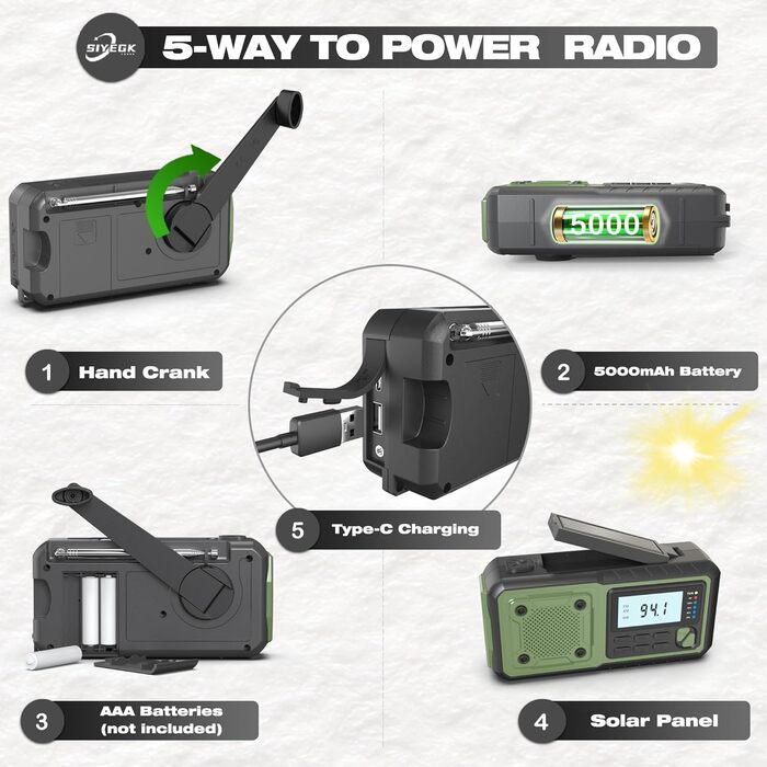 Радіо-станція на сонячній енергії та з ручкою, 5000 mAh, радіо для екстрених ситуацій, NOAA/AM/FM, SOS-сигнал, ліхтарик, для дому та вулиці