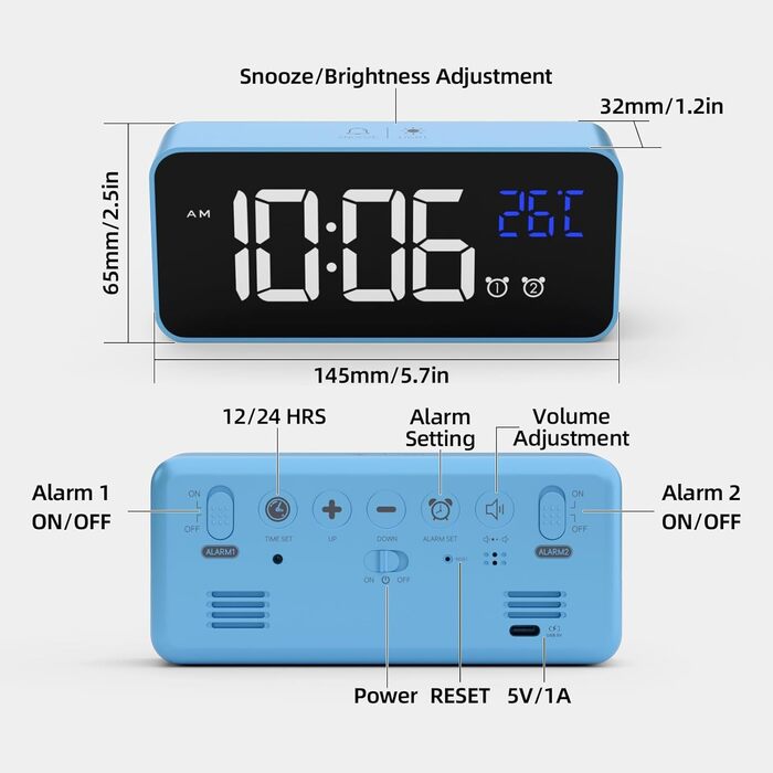 Цифровий будильник LATEC з великим LED-дисплеєм температури, USB-зарядкою, 10 мелодіями, регулюванням яскравості та гучності, функцією відкладання, 2 будильниками, 12/24 год (блакитний)