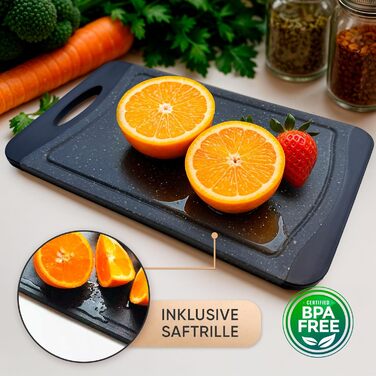 Набір дощок для сніданку NEOFLAM® 25x14 см, 4 шт. - Дошки для нарізання з пластику, BPA-free, антибактеріальні, з жолобком для соку, чорний мармур, стійкі до миття в посудомийній машині