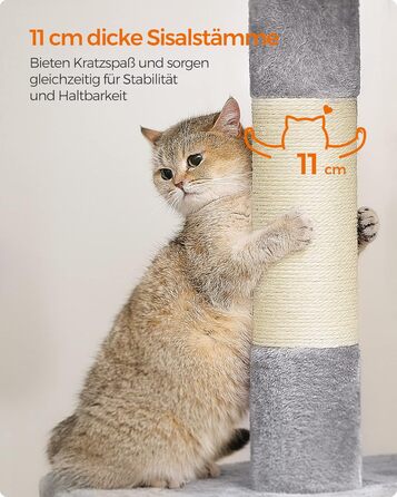 Feandrea Cat Tree, 84 cm Cat Tree, L, Cat House for Large Cats up to 7 kg, Large Platform, 2 Cat Caves, Sisal Posts, PCT61W (XL (68 x 48 x 101 cm), Light Grey)