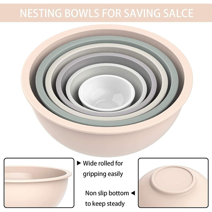 Mixing Bowl Set of 6, Plastic Cereal Bowl with Lid, Bowl with Lid, Includes 2 Forks & 4 Measuring Spoons, BPA-Free & Stackable, Ideal for Mixing and Serving (Khaki, 18)