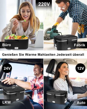 AUTOPkio Electric Lunch Box 1.8L 80W, 12V 24V 220V Large Heated Food Warmer with Bag, Stainless Steel Fork, Spoon for Car, Truck, Office (Black)