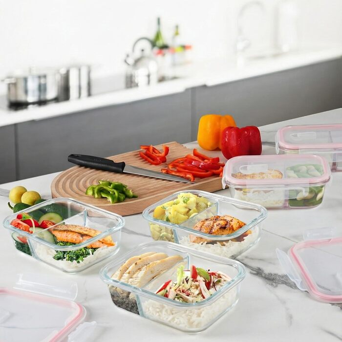 Контейнери для їжі Winter Shore скляні з 2 відділеннями (5 шт) - BPA-free, герметичні, для мікрохвильовки та морозилки (рожеві)