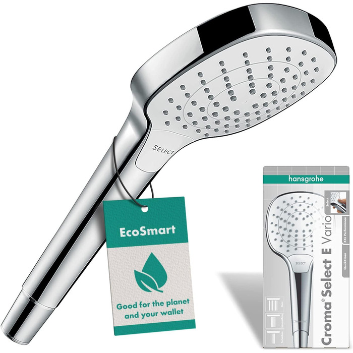 hansgrohe Croma Select E - water-saving showerhead 9 l/min (EcoSmart), hand shower with 3 spray patterns, square shower head (110 x 110 mm), showerhead with water-saving function and anti-limescale feature, White/Chrome