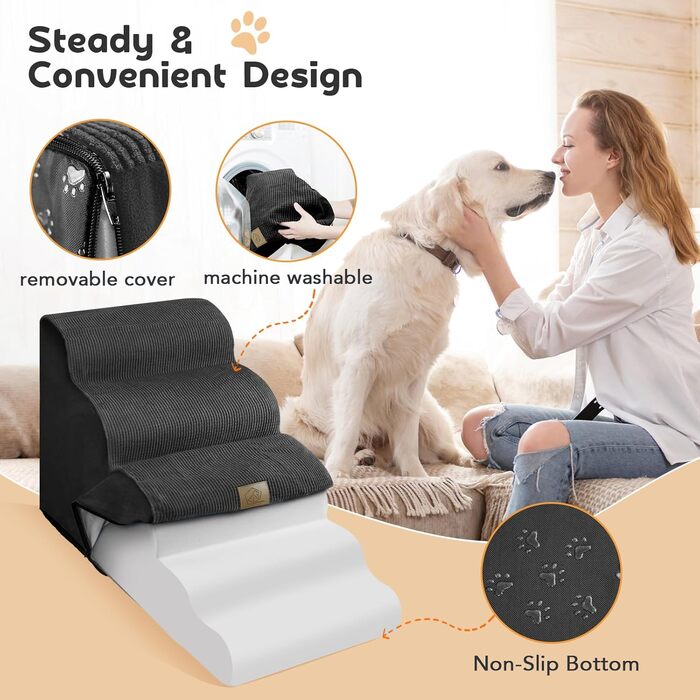 Сходинки для домашніх тварин HaustierTreppe з 5 сходинок для маленьких собак та котів, 30D пінополіуретан, антиковзаюча основа, короткі ніжки, подарунок - роликовий валик для шерсті чорного кольору