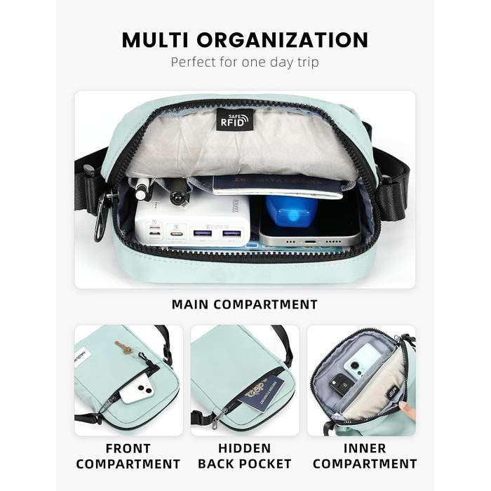 Унісекс міні-сумка через плече HALOVIE IHIKER3 проти крадіжок, маленька сумка-месенджер для подорожей, літаків та фестивалів (М'ятно-зелена)