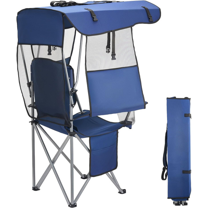 Складний стілець VEVOR для кемпінгу, риболовлі та пікніків, 150 кг, з парасолькою, підсклянниками та кишенею для журналів, темно-синій