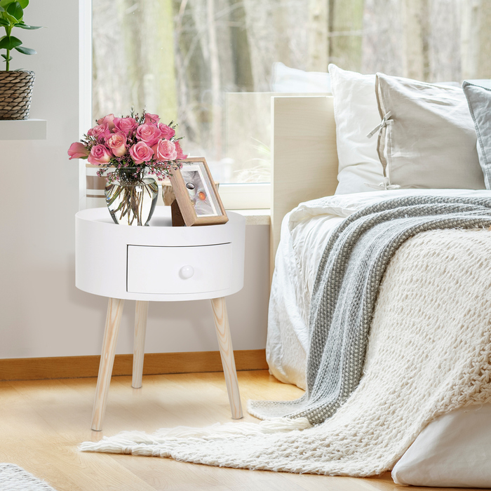 HOMCOM Coffee Table with Drawer, Round Side Table, Coffee Table with a Load Capacity of up to 50 kg, 38x38x45cm in White for Living Room & Bedroom