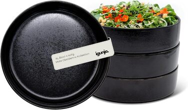 Igunga Stoneware Dinnerware Set - 12 Piece Service for 4 | Reactive Glaze, Matte Black & Glossy Interior Bowls | Premium Handcrafted Tableware