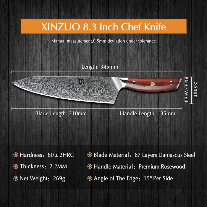Ніж кухарський XINZUO Damaststahl Kiritsuke 21см, професійний, з ручкою з рожевого дерева, з магнітною підставкою
