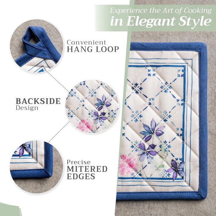 Maison d' Hermine Faience Oven Mitt + Pot Holders, 100% Cotton, Heat Resistant, Kitchen Oven Mitt (19.1 x 33 cm) and Pot Holders (20.3 x 20.3 cm) for Cooking, Grilling, Spring/Summer