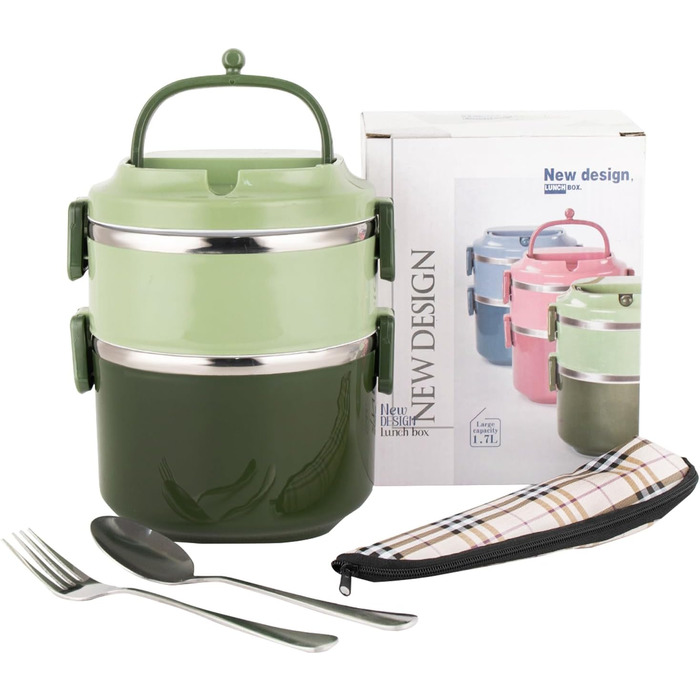 SANQIAHOME 2-Tier Stackable Stainless Steel Lunch Box, Leak-Proof, Green