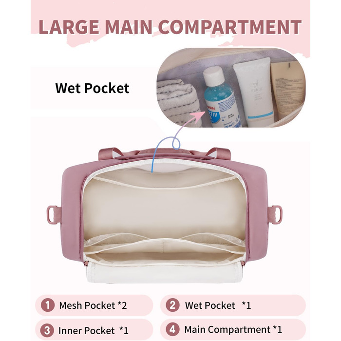 Спортивна сумка WANDF для ручної поклажі в літак (45x36x20 см) з відділенням для взуття та мокрих речей, рожева
