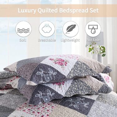 Tagesdecke Qucover для двоспального ліжка 220x240 см, стеганий комплект з подушками, квітковий принт, фіолетовий колір