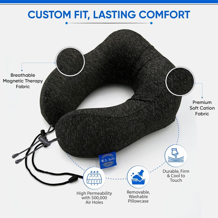 Подушка для шиї W. S. Sells з Memory Foam, комплект для подорожей (маска для сну, навушники, чохол), чорна