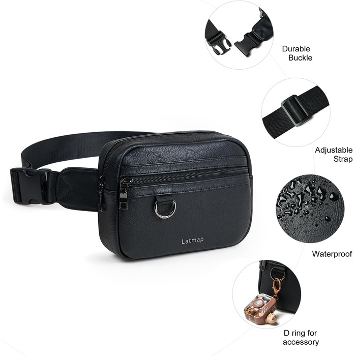 Жіноча сумка на пояс, кросбоді, з PU шкіри, водовідштовхувана, антикрадіжна, 4 відділення, чорна, на блискавці, 19.05 x 15 см, 55 см ремінець, ручне прання