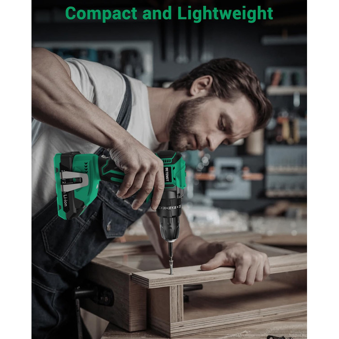 Акумуляторний шуруповерт BETENST 21V: 42Nm, 2.0Ah, 25+3 рівня крутного моменту, 2 швидкості, 10 мм патрон, LED, 30-ти елементний набір для дому, саду, DIY