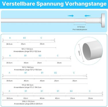 Штанга для карнизів без свердління 100-230 см, біла, Ø25 мм, телескопічна, для душу, вікна та балкону