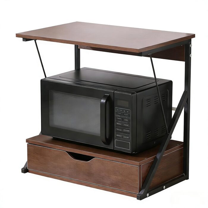 Поличка для мікрохвильової печі, кухонна поличка для стільниці, органайзер для мікрохвильової печі, тостера та аірфрая, багатофункціональна кухонна поличка для оптимізації простору (Дуб/3 яруси) (Дуб/Висувна поличка)