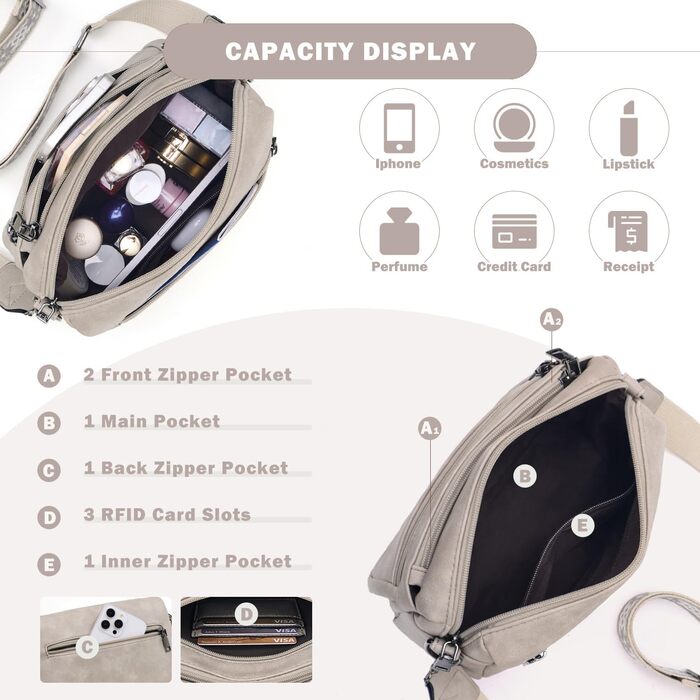 Сумка жіноча через плече MUIIKOLA середнього розміру, екошкіра бежево-сірого кольору, м'який широкий ремінь