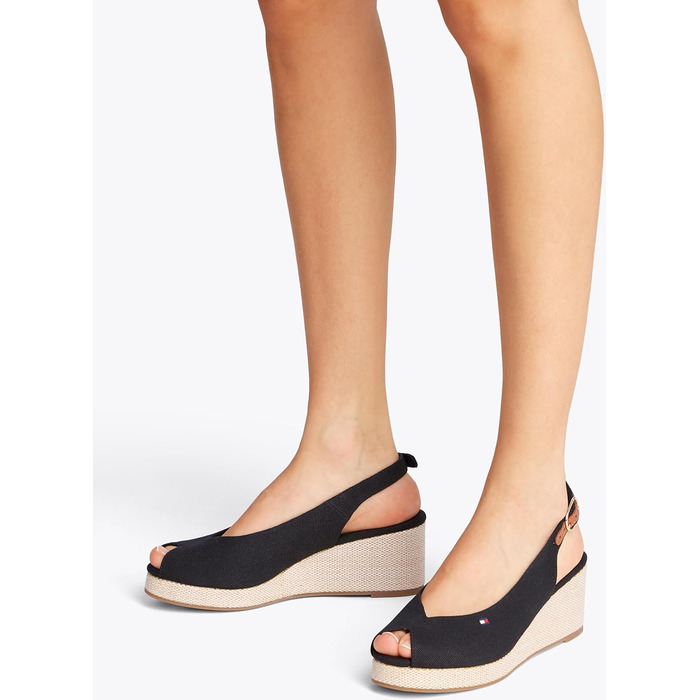 Сандалі жіночі Tommy Hilfiger Flag Mid Wedge Espad SLIN чорні (35 EU) - Стильні шкіряні босоніжки на танкетці