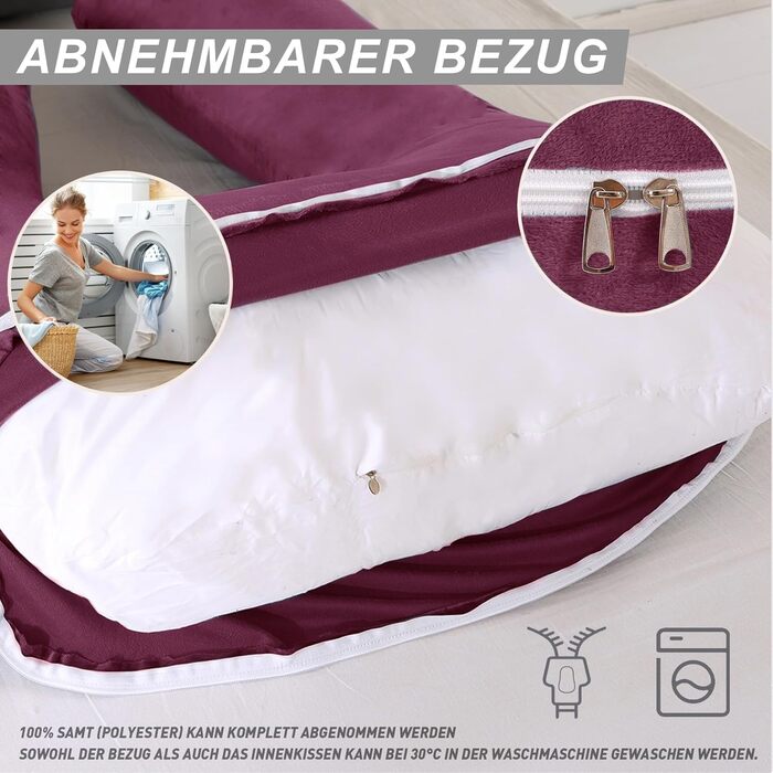 Подушка для вагітних CALIYO J-подібної форми, подушка для годування XXL, бічне положення, 180x70 см, бавовняна підкладка (фіолетовий)