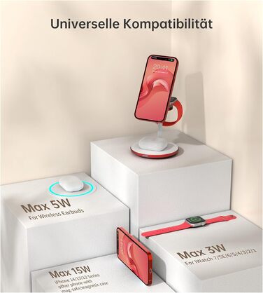3-в-1 Бездротова Зарядка для Багатьох Пристроїв: iPhone, iWatch, AirPods, 15W, MagSafe, Колір: Маджента