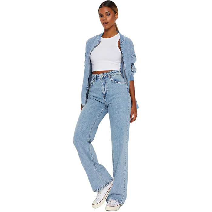 Джинси жіночі Trendyol прямого крою з високою талією, блакитний (44)