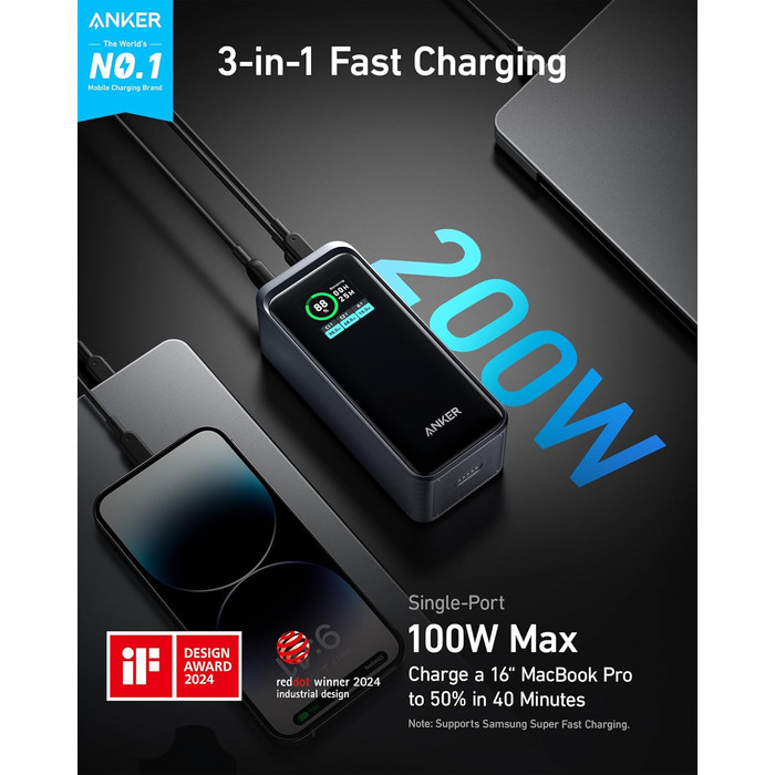 Power Bank Anker Prime 200W, 20000 mAh, Чорний: Швидка зарядка для iPhone, Samsung, MacBook та ін.
