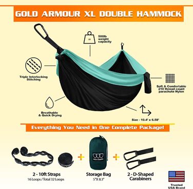 Гамак подвійний кемпінговий Gold Armour XL з ременями для дерев – для відпочинку на природі та вдома (США)