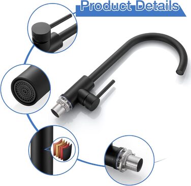 Чорний кухонний змішувач з нержавіючої сталі 304, поворотний вилив, моно-змішувач, стандарт UK, матовий чорний