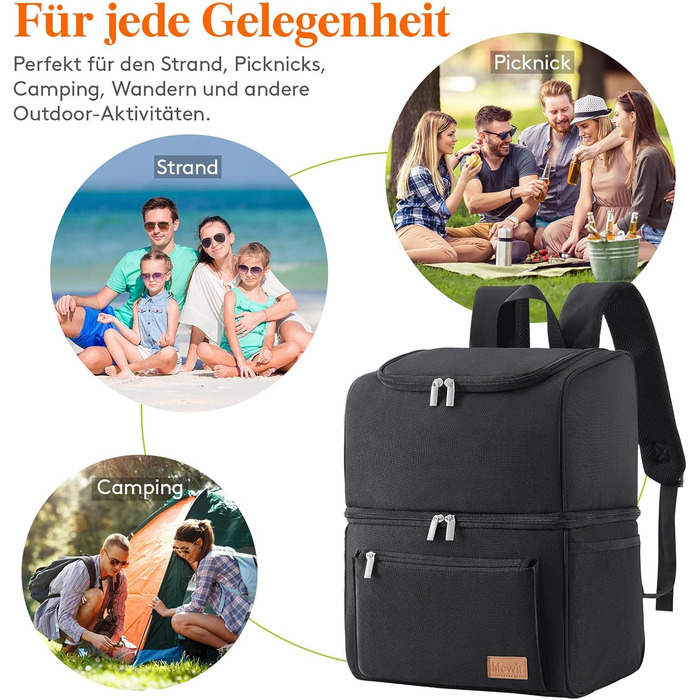 Lifewit 21L Insulated Cooler Bag, Thermal Lunch Bag, Cooler Backpack, Leak-Proof Double-Decker Cooler Bag for Men, Women, Mothers for Lunch, Picnic, Shopping, Travel, Black