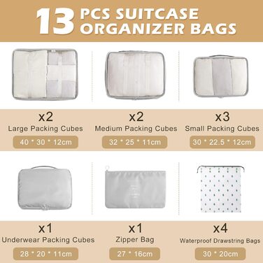 Органайзер для валізи Gemtte 13-ти частинний, водонепроникний, набір для подорожей (сірий)