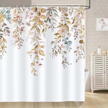 Штора для душу Bonhause Braun Eukalyptus осінній акварельний малюнок, 180x180 см, поліестер, водонепроникна, з 12 гачками