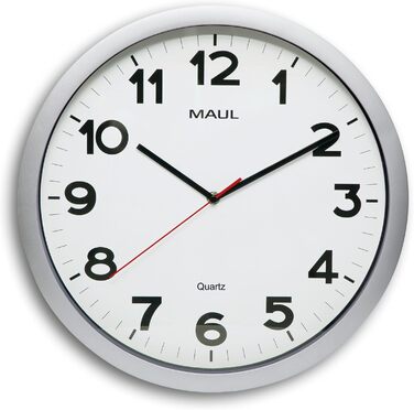 Maul Wanduhr MAULstep Ø 40 cm | Quartz clock with automatic time setting | Modern clock for office and kitchen | Large wall clock with good readability in large rooms | Silver