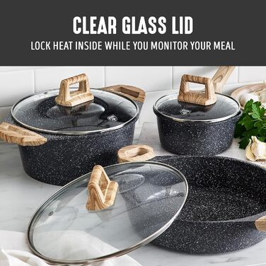 Набір кухонного посуду з кераміки (8 предметів), індукційний, без ПТФЕ, безпечний, для кухні, салатовий (середній, гранітний чорний)