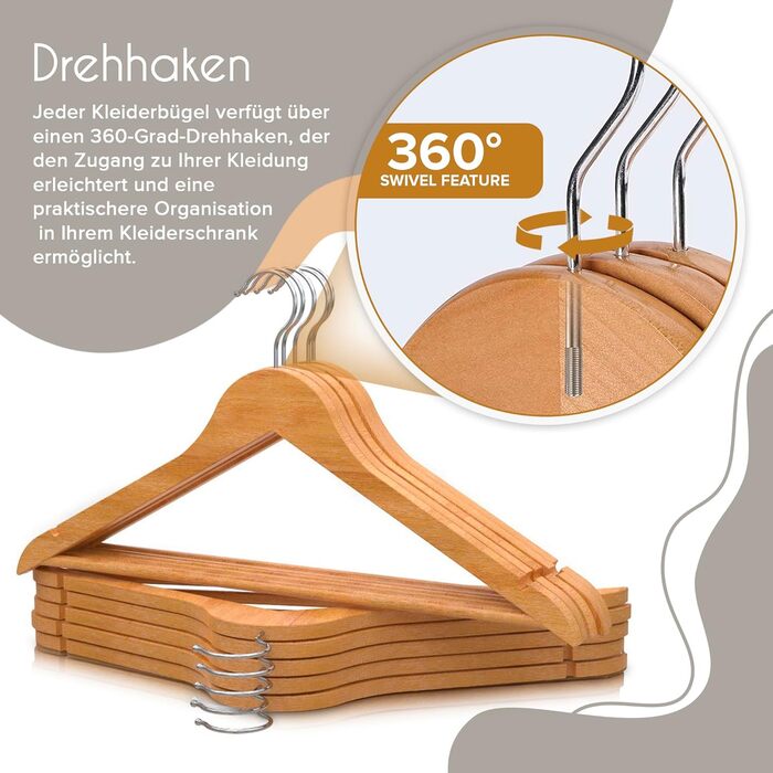 Плечики для одягу Portentum Holz, 10 шт., натуральні кольори - 360° обертання гачка, виступи для спідниць та блузок, нековзний тримач для штанів, підходять для костюмів, сорочок, курток (20 шт.)