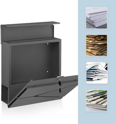 Поштовий ящик Relaxdays з газетницею, антрацит, 37x37x11 см, DIN C4, вологостійкий, 4 ключі