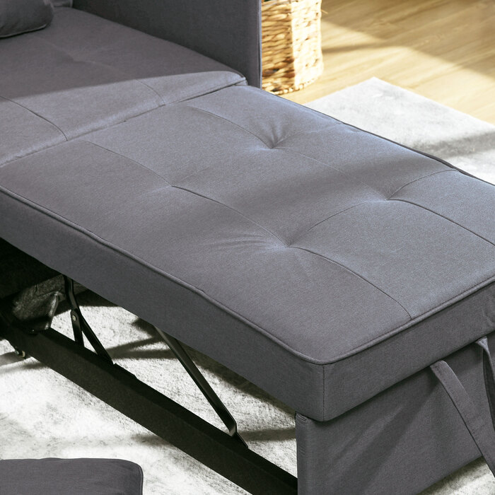 HOMCOM 3-in-1 Sleeper Chair Convertible Sofa Bed with Bed Function, 2-Seater Sofa with Adjustable Backrest, Side Pocket, Cushion, Wheels, up to 300 kg, for Small Spaces, Dark Grey | Aosom