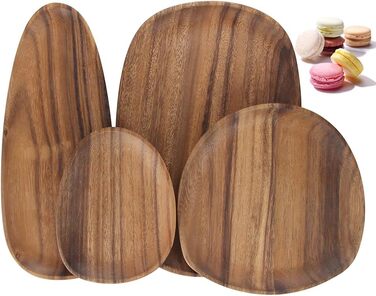 Set of 4 Serving Trays, Irregular Round Wooden Plates & Platters for Snacks, Cheese, Appetizers, Dessert, Sushi, Fruit, Salad, Wooden Serving Board