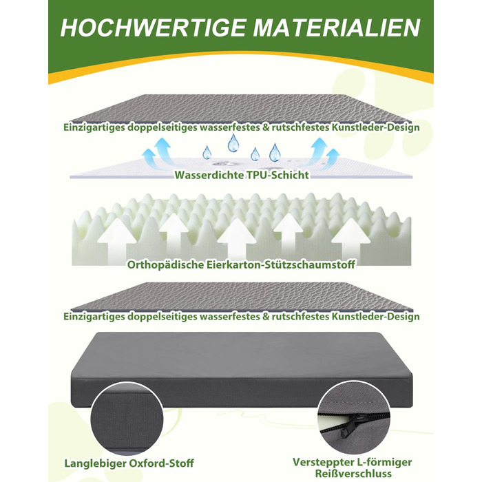 Ортопедичний лежак для собак великих порід 119x73 см, знімний чохол з екошкіри, м'який лежак-матрац для собак, сірий (L119xB73xH9 см)