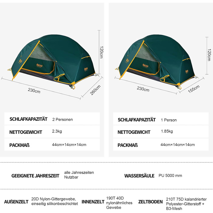 Намет кемпінговий купольний 1-2 місця Campingzelt водонепроникний, вітростійкий, для походу, кемпінгу, активного відпочинку (зелений)
