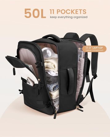 LOVEVOOK Рюкзак для ручної поклажі 40л, чорний, для подорожей, з відділенням для мокрого та сухого, для ноутбука, 45x36x20 см
