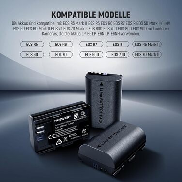 NEEWER LP-E6NH Запасний акумулятор та зарядний пристрій USB, 3 шт. 2250mAh для Canon EOS R7 R5 R6 R6 II R, 5DIV, 6DII, 7DII, 80D, 90D