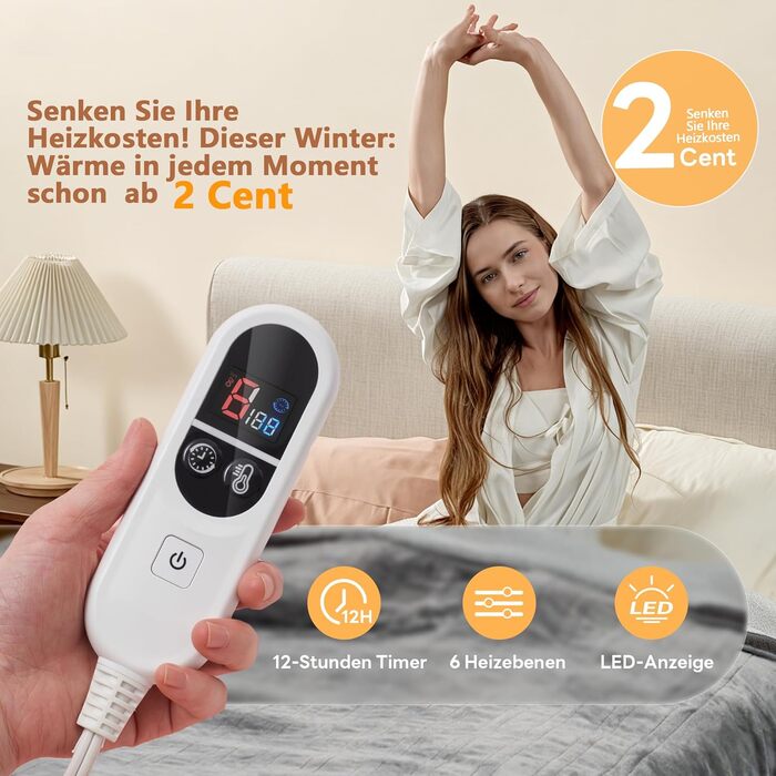 Електрична ковдра JUMMICO Kuschel-Heizdecke 180x130 см, тепла та м'яка - 6 режимів нагріву, таймер 12 годин, пральна, для дивана, ліжка, офісу, сіра