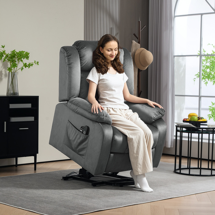 HOMCOM TV Chair with Rise Assist, Electric Recliner with Lie-flat Function, Vibration Massage, Heating Function, TV Chair with Pocket Coil Spring, Side Pocket and Remote Control, Dark Grey | Aosom