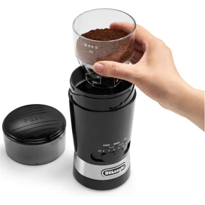Кавомолка De'Longhi KG210 – електрична для цілих кавових зерен, спецій та горіхів, з нержавіючої сталі, 170 Вт, пластик, чорний колір