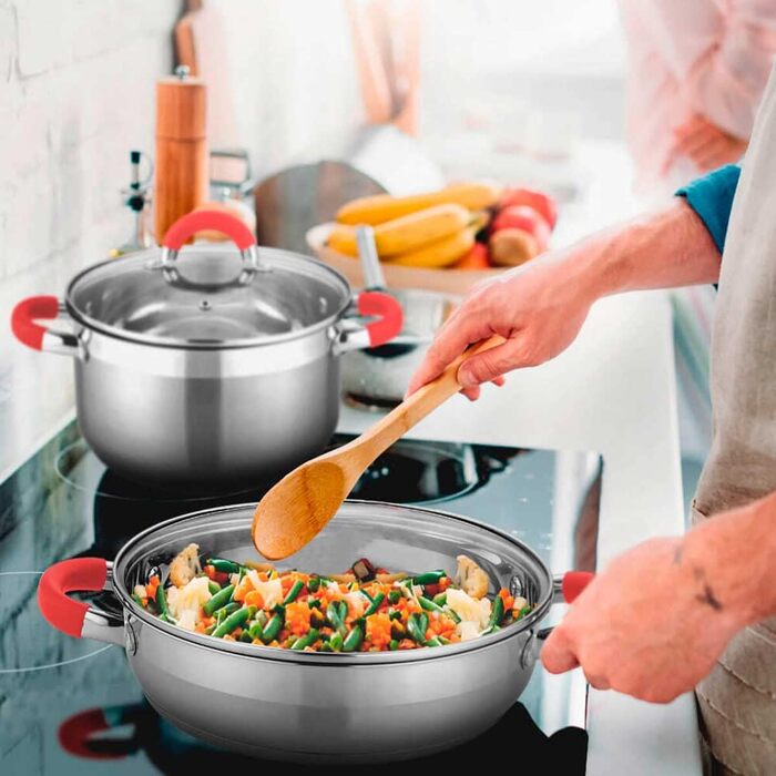 Набір посуду Gridinlux Elite Chef Munich, 8 предметів, нержавіюча сталь, червоний, з кришками із загартованого скла, універсальний для всіх плит