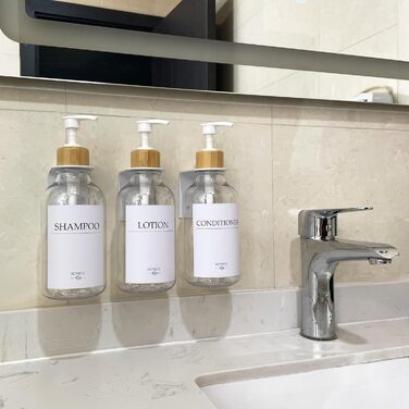 Набір дозаторів для мила, шампуню та миючого засобу на стіну, 500 мл, 3 шт., прозорий + бамбук