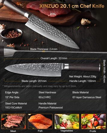 Ніж кухарський XINZUO Gyuto 20.1 см з дамаської сталі, професійний, серія He